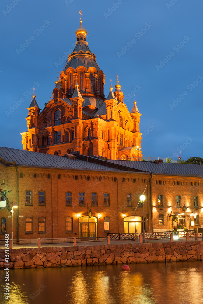 Uspenski cathedral of Finnish Orthodox church by Helsinki harbor in June, Finland
