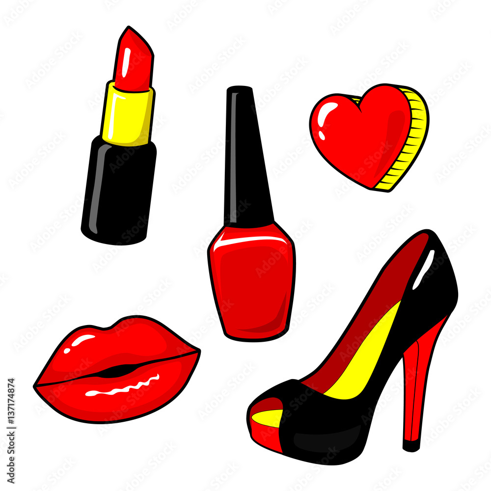 Red kiss lips, nail polish, lipstick, heart. Women's shoe, High heel. Make  up. Cool sexy concept. Fashion style. Vector cartoon elements isolated on  white. Stikers kit, set of icons, patches badge Stock