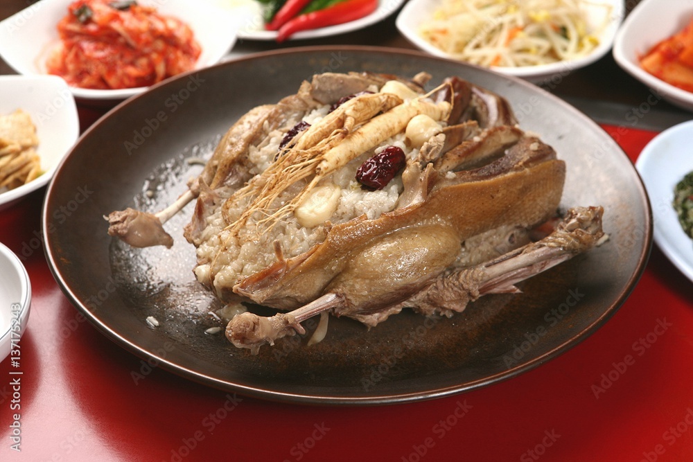 hanbang baeksuk. Boiled Chicken with Rice andMedicinal Herbs hanbang baeksuk. Boiled Chicken with Rice andMedicinal Herbs