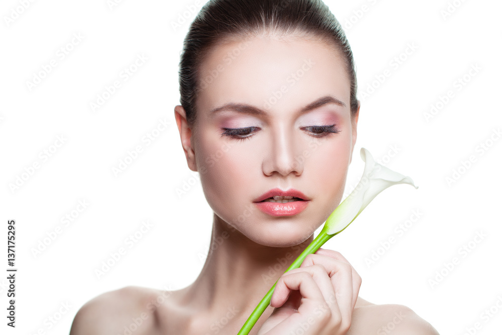 Skincare Concept. Beautiful Woman Spa Model with Fresh Pure Skin on White Skincare Concept. Beautiful Woman Spa Model with Fresh Pure Skin on White