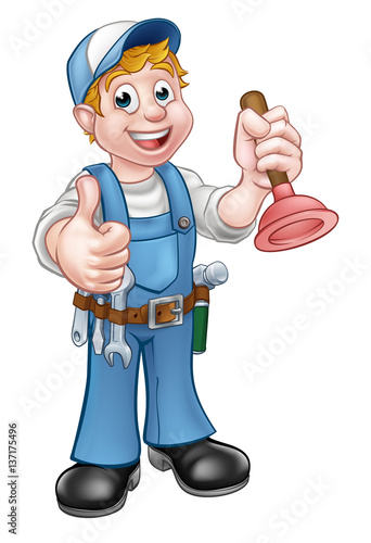 Cartoon Handyman Plumber Holding Plunger