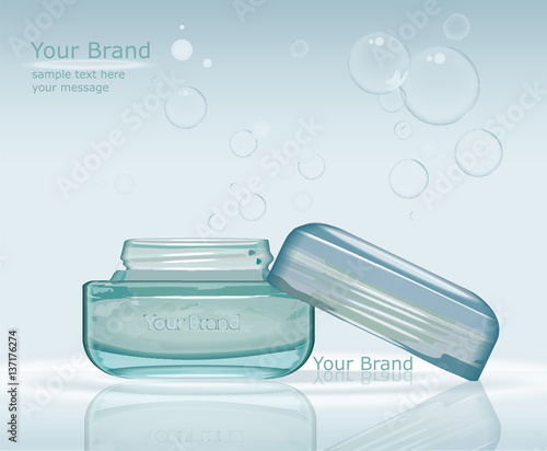 Moisturizing cream cosmetic ads template. Hydrating facial lotion. Anti-aging formula. Mockup 3D Realistic illustration. Sparkling water drops effect over blue background