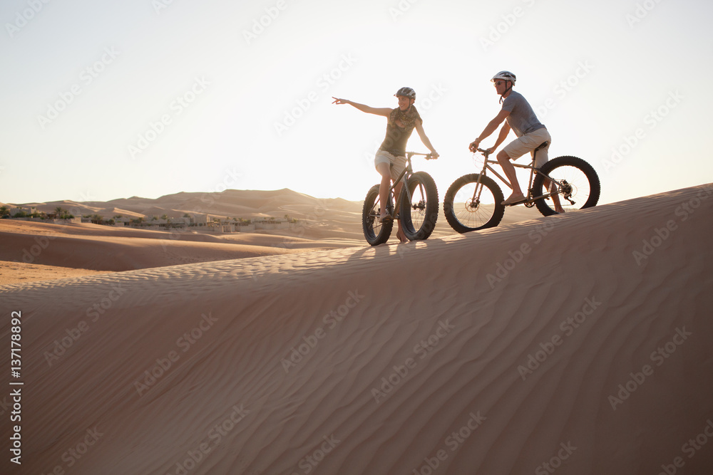 Couple with bicycle on desert. Couple with bicycle on desert.