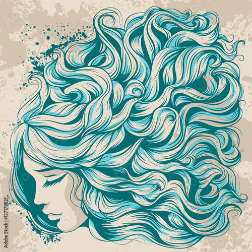 face girl with long hair, beautiful hairstyle with blue curls
