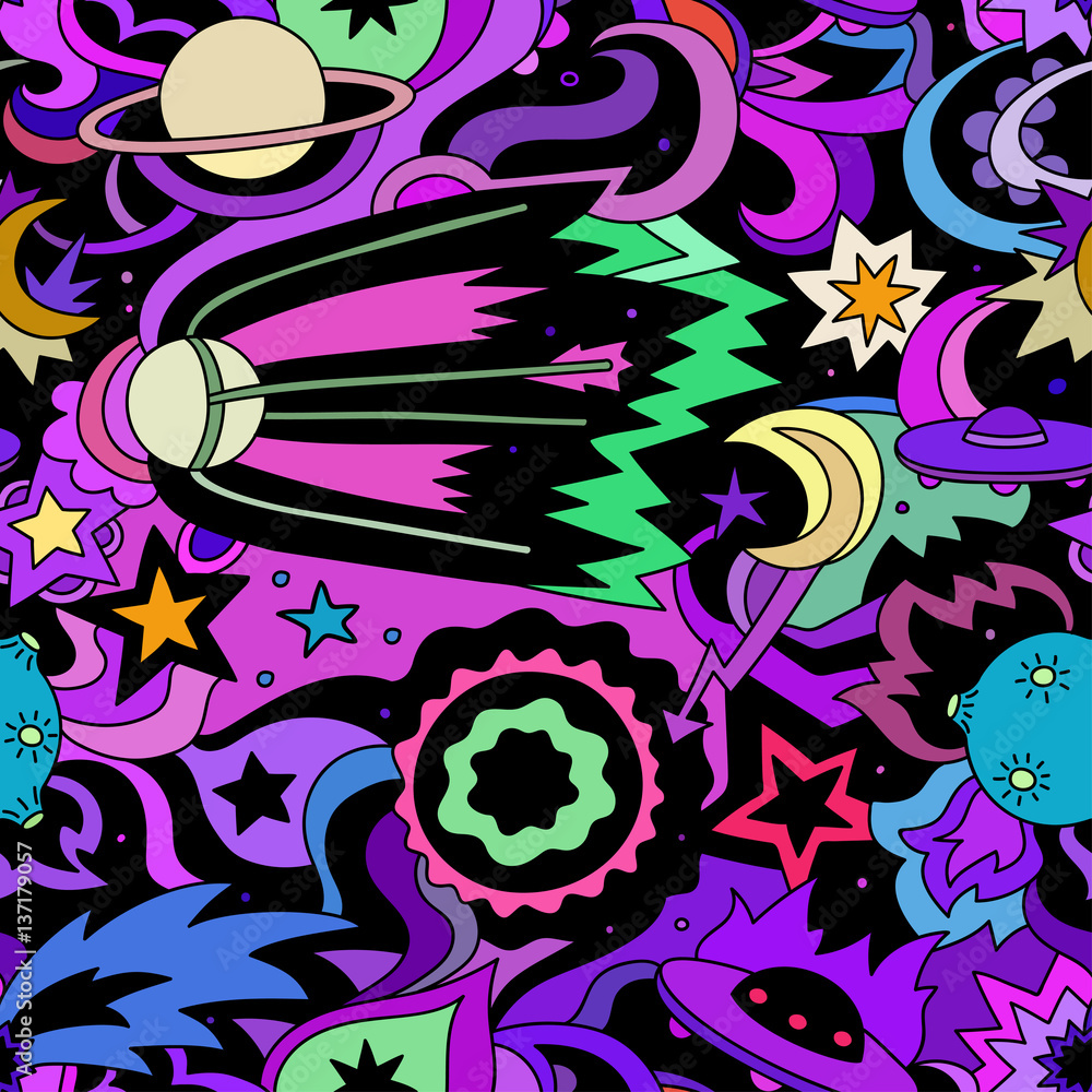 Crazy cartoon seamless pattern with satelite, planets, stars. Crazy cartoon seamless pattern with satelite, planets, stars.
