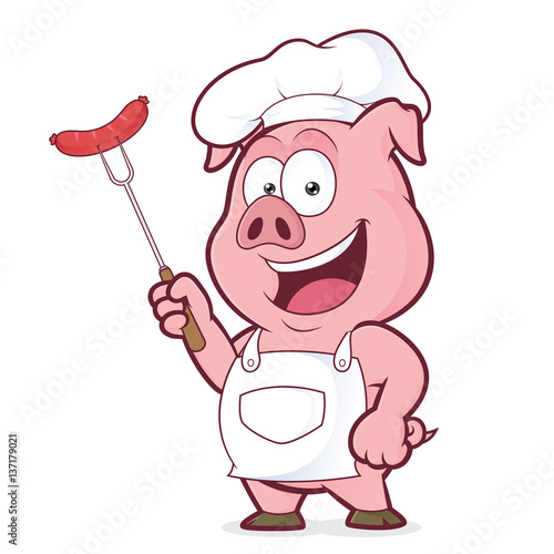 Pig chef holding a sausage on fork