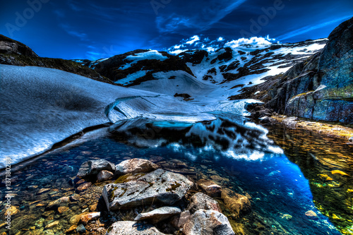 Folgefonna mountain glacier reflected in the water, Norway, spectacular nightfall. © bennymarty