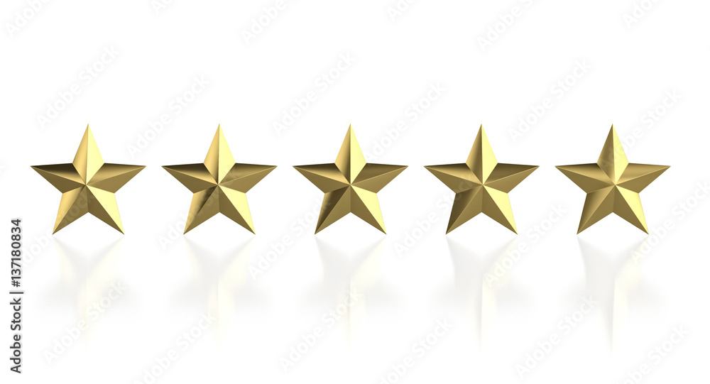 5 stars gold on white background. 3d premium quality concept rating 5 stars gold on white background. 3d premium quality concept rating