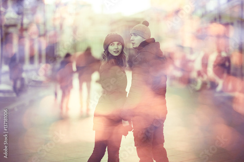 Photography blurred background couple in love in the spring city
