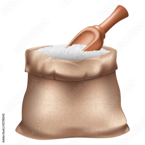Sack of salt / sugar and a wooden spoon. Vector illustration.