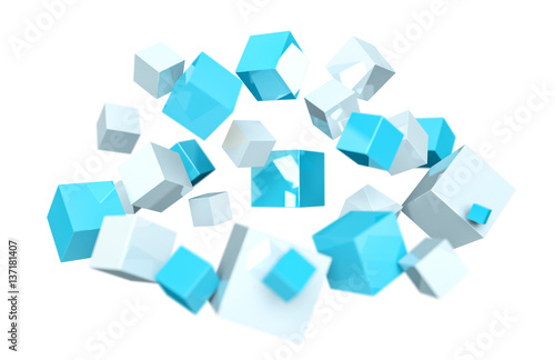 Floating blue and white shiny cube 3D rendering
