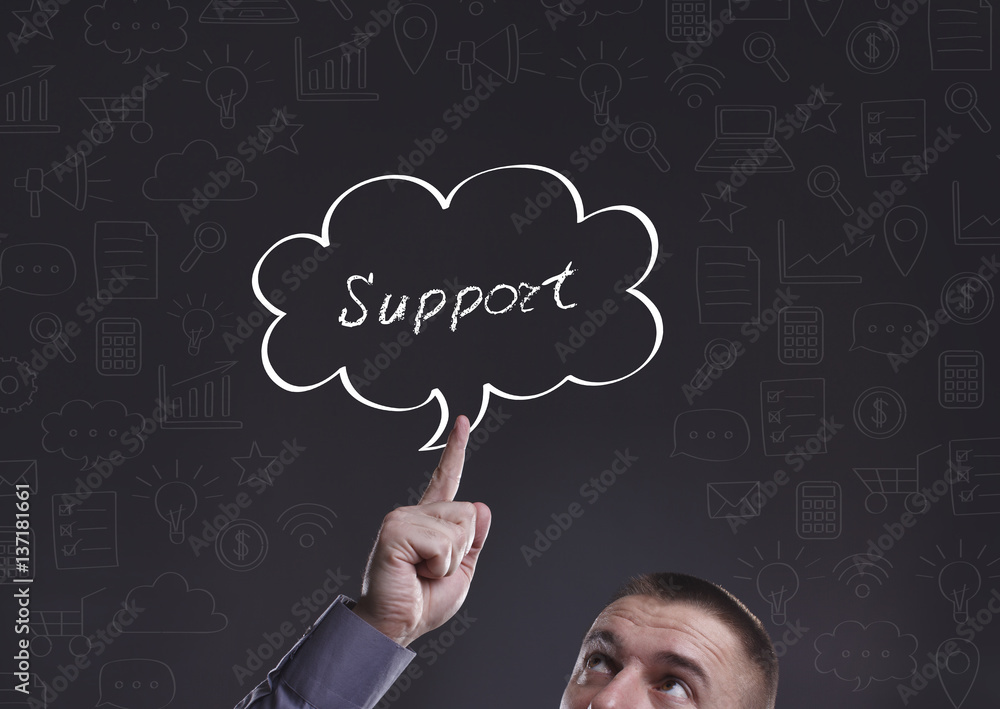 Business, Technology, Internet and marketing. Young businessman thinking about: Support Business, Technology, Internet and marketing. Young businessman thinking about: Support