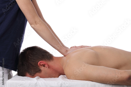 Chiropractic, osteopathy, dorsal manipulation, massage. Therapist doing healing treatment on man's back . Alternative medicine, pain relief concept isolated on white.