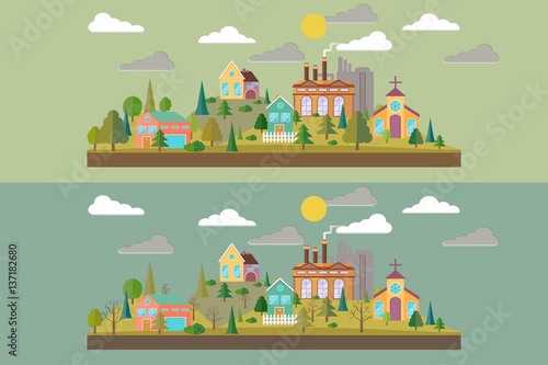 Set of two illustration. Eco village with plant or factory building in flat style. Autumn forest in flat style. Environmental pollution. Vector illustration.