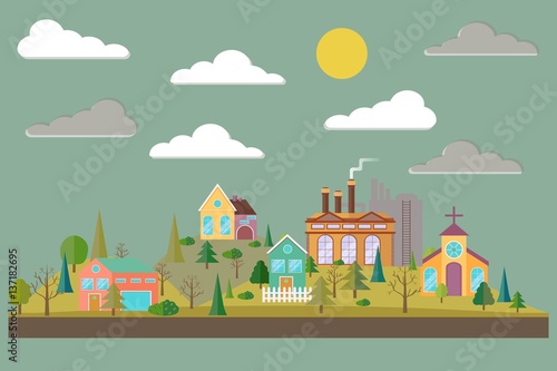 Eco village with plant or factory building in flat style. Summer forest in flat style. Environmental pollution. Vector illustration.