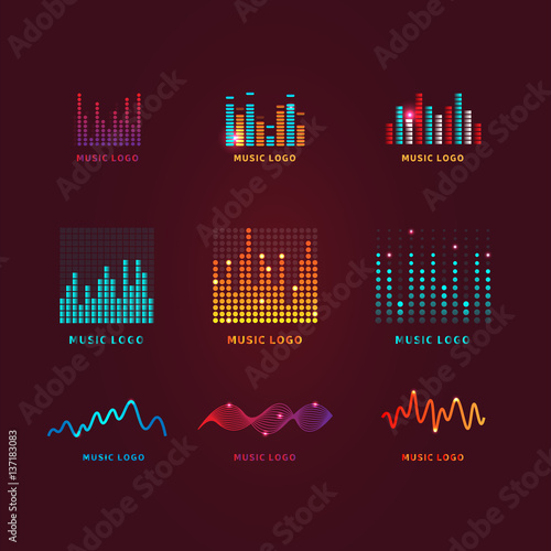 Set colorful ui ux music equalizer sound waves. Audio electronic bar. Music waves logo. Dj vector illustration.Bright shiny light audio signal.