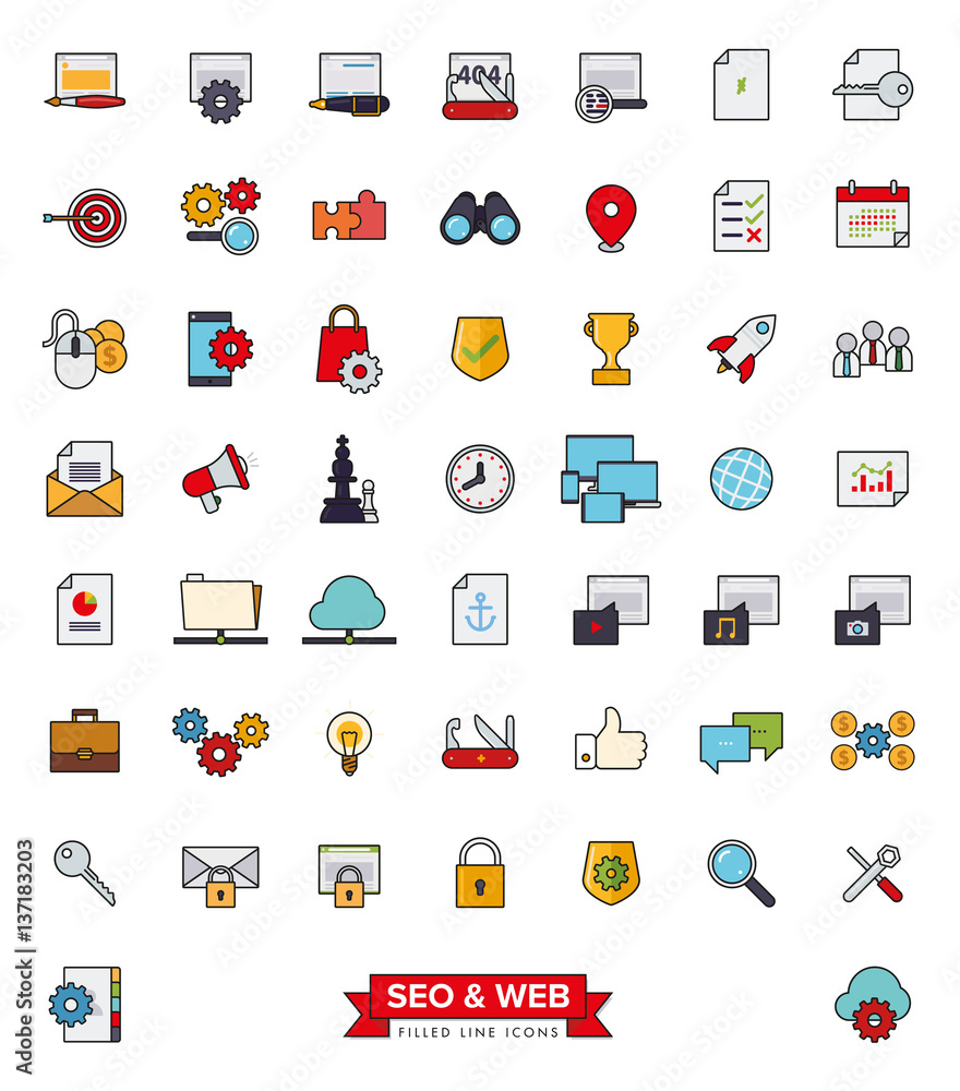 SEO and Web Services filled line icon set SEO and Web Services filled line icon set