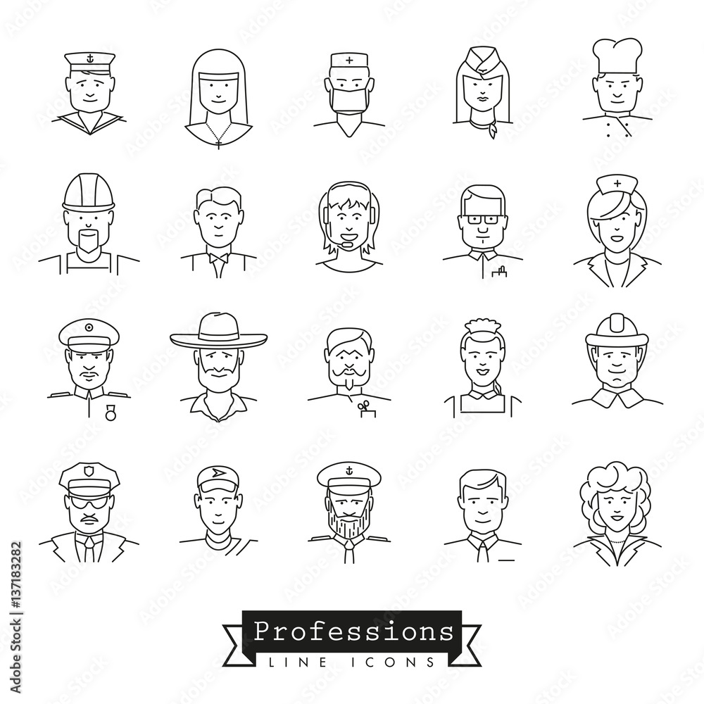 Professional people avatar line icon collection Professional people avatar line icon collection