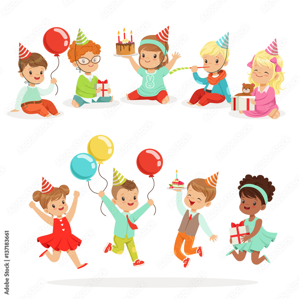 Little Children Birthday Celebration Party With Festive Attributes And Adorable Kids Set Of Characters Little Children Birthday Celebration Party With Festive Attributes And Adorable Kids Set Of Characters