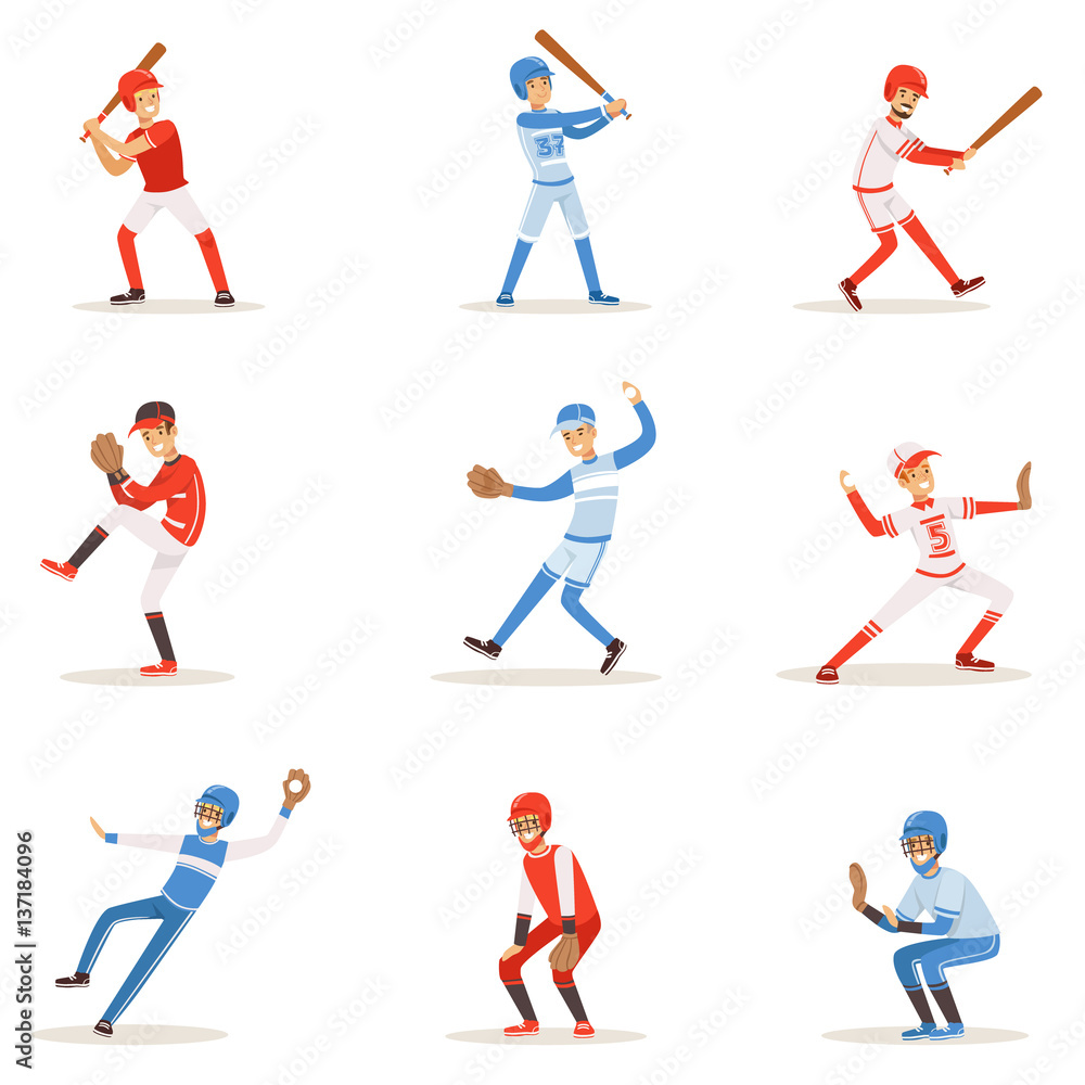 Professional League Baseball Players On The Field Playing Baseball, Sportsmen In Uniform Set Of Vector Illustrations. Professional League Baseball Players On The Field Playing Baseball, Sportsmen In Uniform Set Of Vector Illustrations.