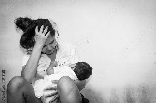 Teenage problem concept,Social problem,Teen women stress ,Teen have baby ,black and white tone photo