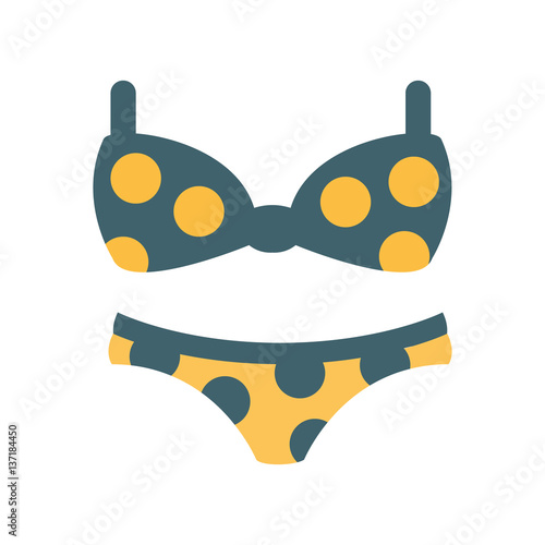 Bikini Female Swimsuit In Blue And Yellow With Polka-Dotted Pattern, Part Of Summer Beach Vacation Series Of Illustrations