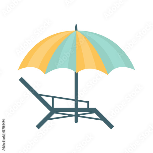 Metal Sunbed And Umbrella Of Blue And Yellow Colors, Part Of Summer Beach Vacation Series Of Illustrations