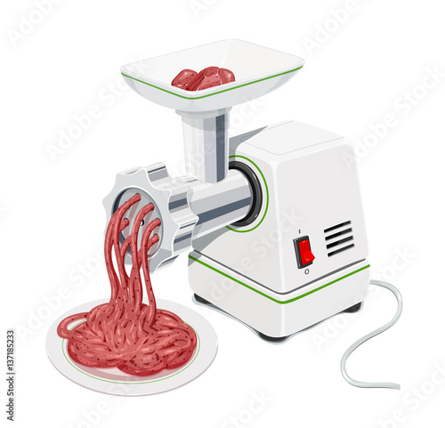 Electric Meat grinder with mincemeat. Kitchen equipment
