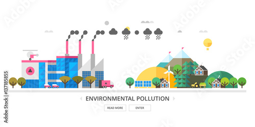 Ecology Concept. Environmental pollution and environment protection. Urban and village landscape.