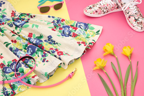 Fashion Summer girl clothes Set, Accessories. Outfit. Stylish Floral Dress,Trendy fashion Sunglasses, flowers. Glamor Hipster Gumshoes. Summer lady Essentials. Creative Design. Fashion Urban Concept