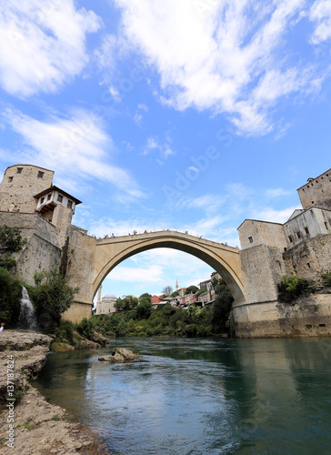 The most famous landmark in Mostar city - Stari Most (Old Bridge) over Neretva river, Bosnia and Herzegovina