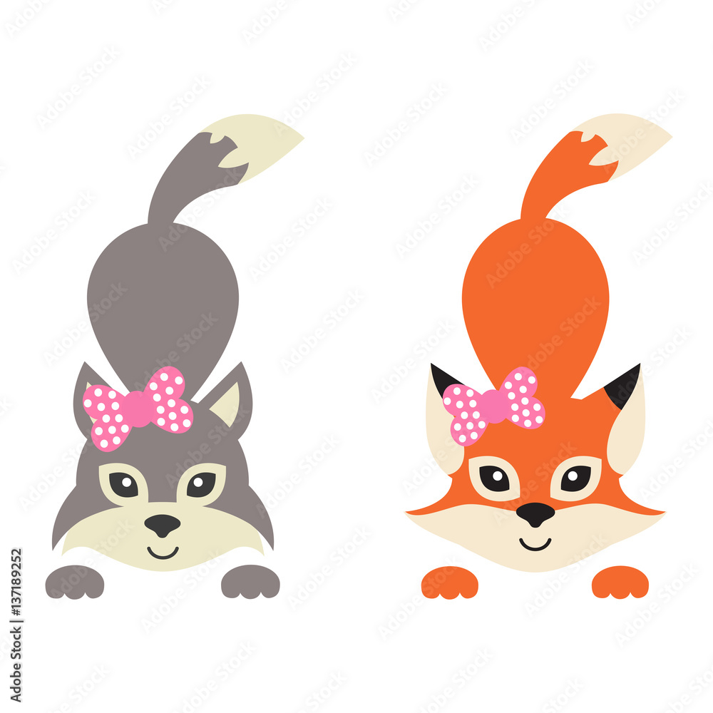 cartoon wolf and fox with bow 