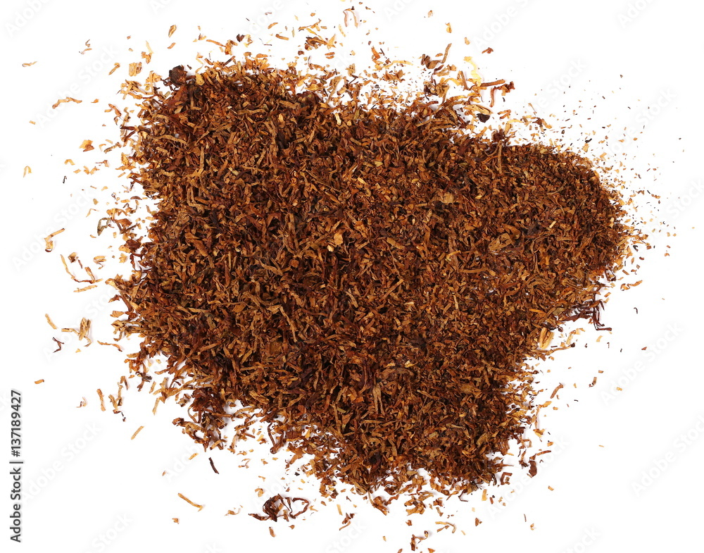 pile tobacco isolated on white background, top view pile tobacco isolated on white background, top view
