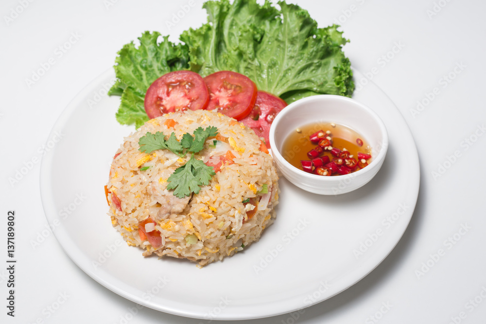 Pork fried rice with white background table Pork fried rice with white background table