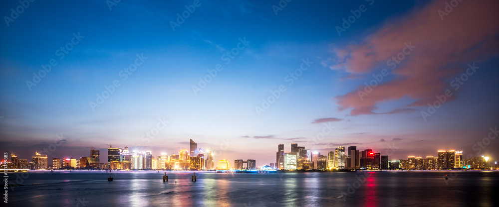 cityscape and skyline of hangzhou new city at night