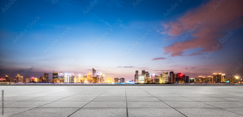 cityscpae and skyline of hangzhou new city from empty floor