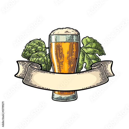 Glass beer with ribbon and hop branch.