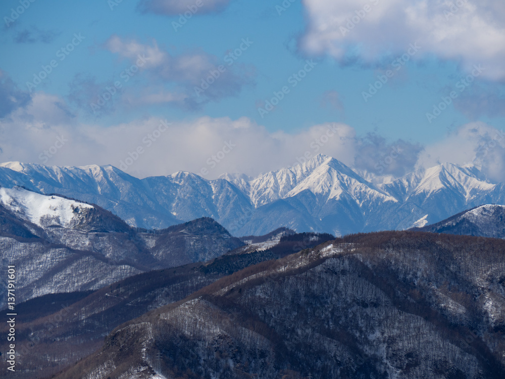 白樺高原国際スキー場から望む北アルプス Snowy Northern Alps view in Nagano prefecture