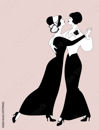 Two women dancing together. Wearing 19th century clothes. Queer dancing.