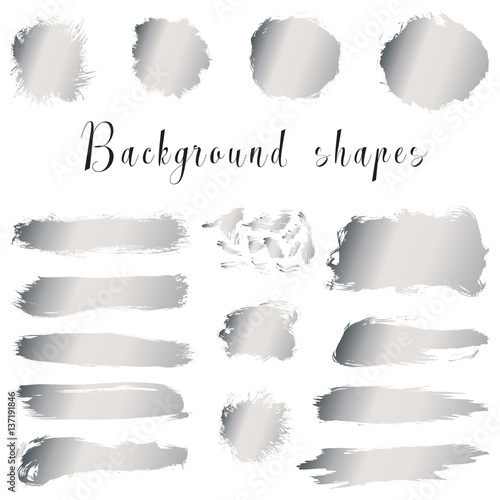 Silver ink borders, brush strokes, stains, banners, blots, splatters. Vector set of hand drawn grunge elements isolated on white background. 