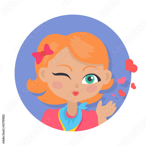 Young Girl Sent Air Kiss Isolated on White. Vector