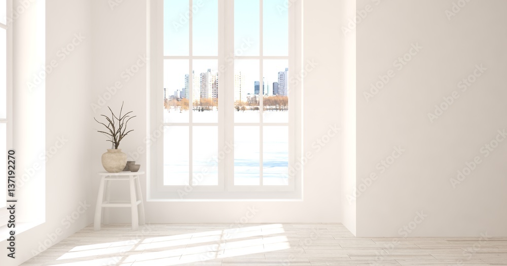 White room with chair and urban landscape in window. Scandinavian interior design