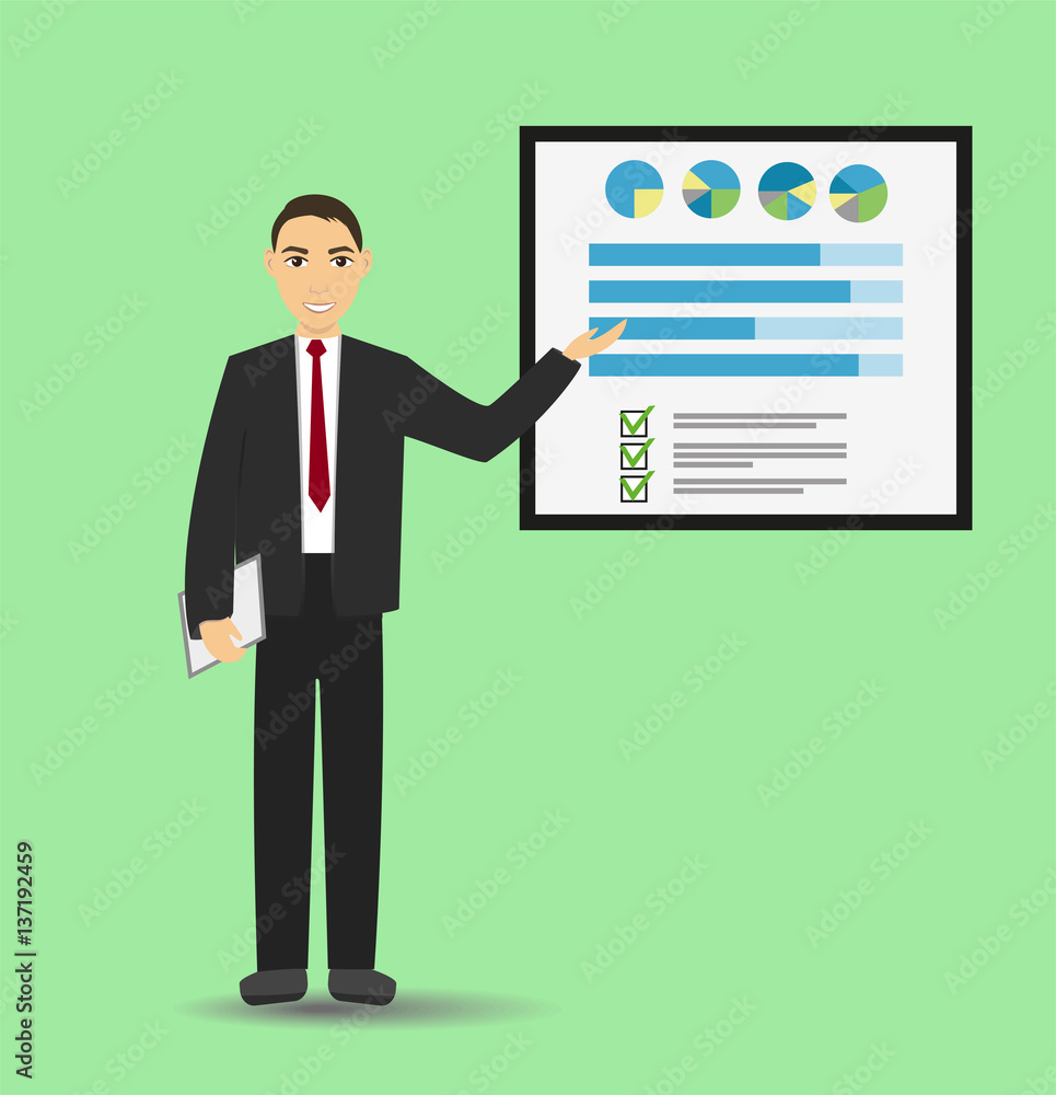Businessman giving a presentation with banner. Infographic on office board. Business concept. Flat style
Businessman giving a presentation with banner. Infographic on office board. Business concept. Flat style