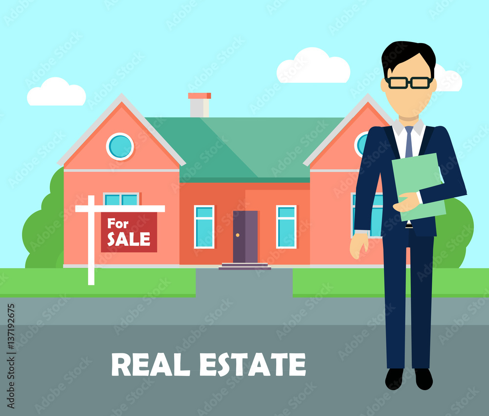 Real estate broker at work. Building for sale Real estate broker at work. Building for sale
