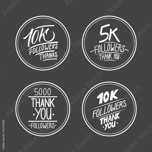 Set of Thank you followers hand drawn badges for social networks, promotion and advertising. Vector Illustration.