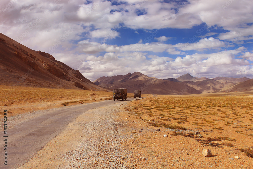 Leh Ladakh view of  Blue sky army truck from India Kashmir 