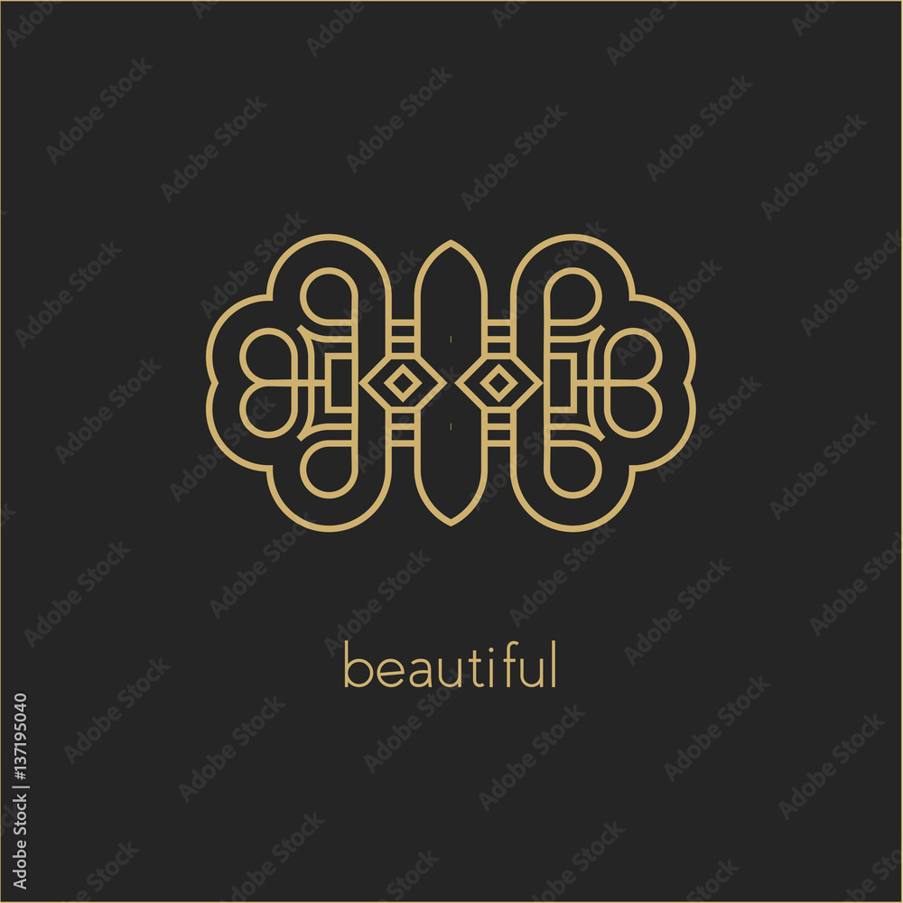 Ethnic elements of ancient civilizations. Vector logo design template and emblems in trendy linear style. Linear Gold emblem on a black background. Logo template for Cafe, Hotel, Restaurant Ethnic elements of ancient civilizations. Vector logo design template and emblems in trendy linear style. Linear Gold emblem on a black background. Logo template for Cafe, Hotel, Restaurant