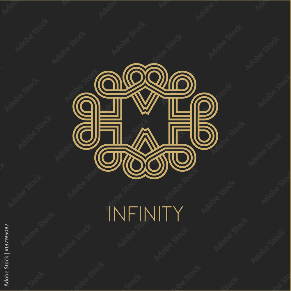 Ethnic elements of ancient civilizations. Vector logo design template and emblems in trendy linear style. Linear Gold emblem on a black background. Logo template for Cafe, Hotel, Restaurant