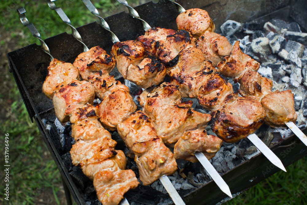 Beef and pork barbecue, steak on the grill. Kebab on a skewer. Nature.