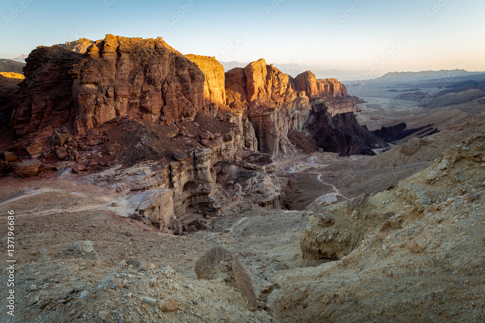 Desert canyon mountains rock cliffs gorge, Negev travel Israel.